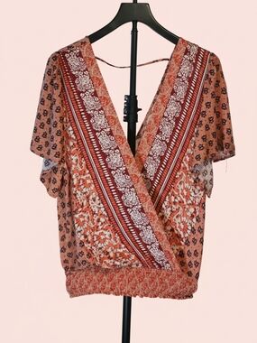 Daytrip Rust and Cream Boho Wrap-Front Blouse